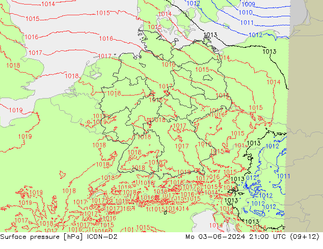 pression de l'air ICON-D2 lun 03.06.2024 21 UTC