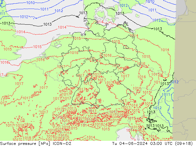 Pressione al suolo ICON-D2 mar 04.06.2024 03 UTC