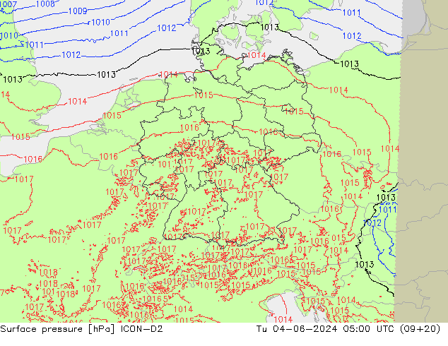 Presión superficial ICON-D2 mar 04.06.2024 05 UTC