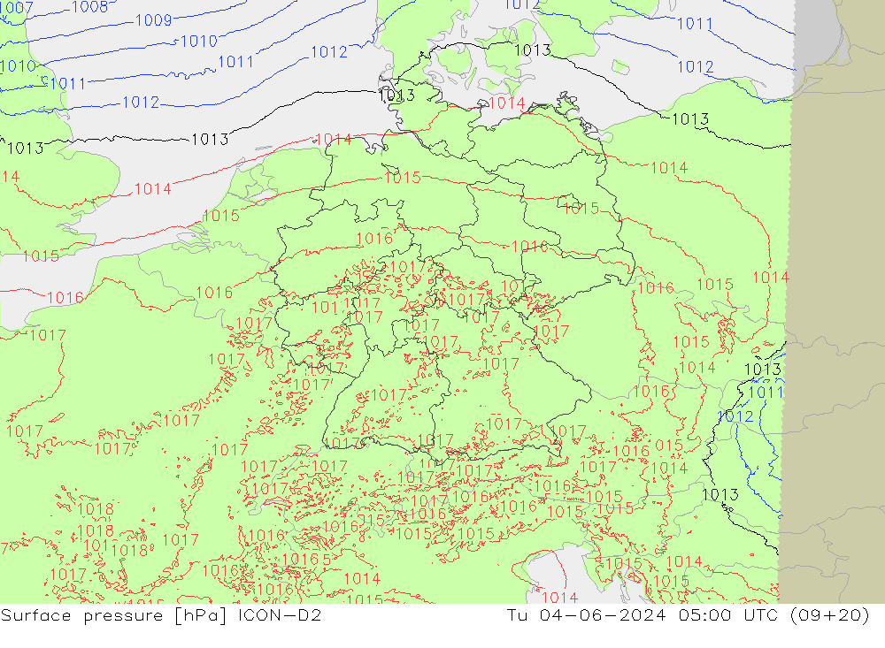 pression de l'air ICON-D2 mar 04.06.2024 05 UTC