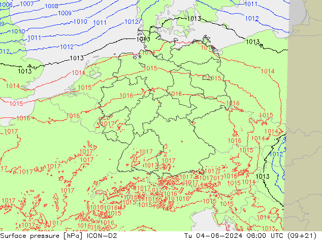 Surface pressure ICON-D2 Tu 04.06.2024 06 UTC