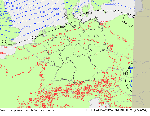 Pressione al suolo ICON-D2 mar 04.06.2024 09 UTC