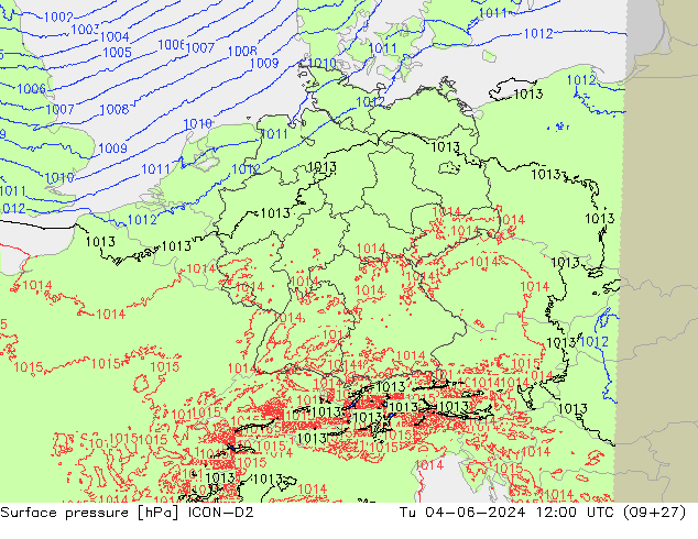 Atmosférický tlak ICON-D2 Út 04.06.2024 12 UTC