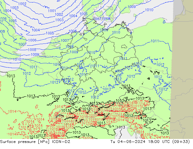 Surface pressure ICON-D2 Tu 04.06.2024 18 UTC