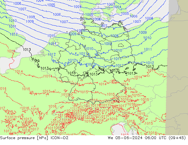 Atmosférický tlak ICON-D2 St 05.06.2024 06 UTC