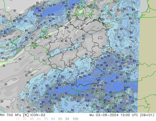 Humidité rel. 700 hPa ICON-D2 lun 03.06.2024 10 UTC