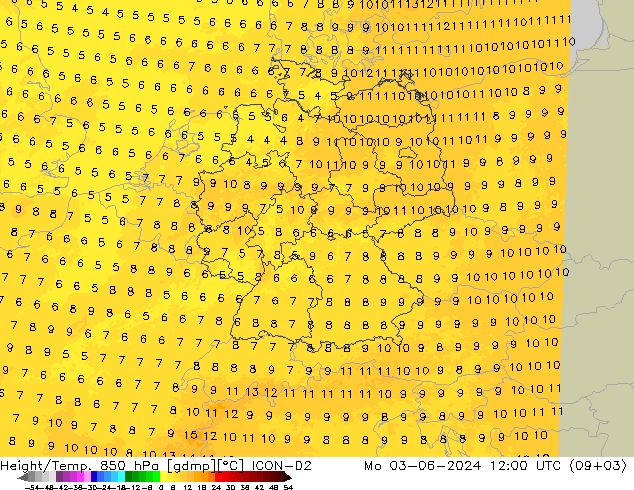 Height/Temp. 850 hPa ICON-D2 Mo 03.06.2024 12 UTC