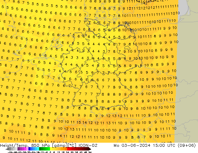 Height/Temp. 850 hPa ICON-D2  03.06.2024 15 UTC