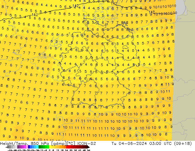 Géop./Temp. 850 hPa ICON-D2 mar 04.06.2024 03 UTC