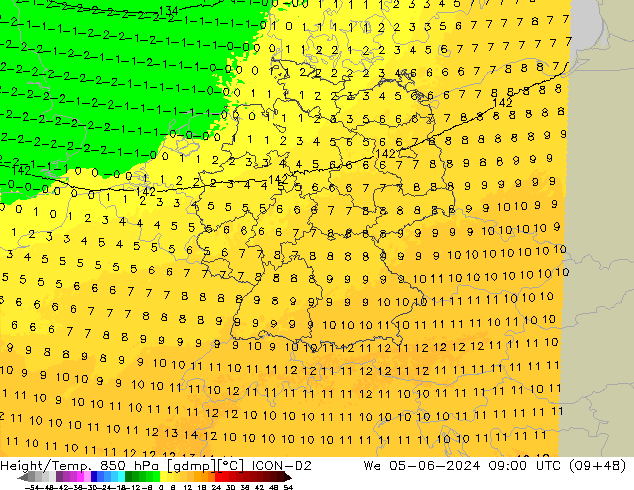 Height/Temp. 850 hPa ICON-D2  05.06.2024 09 UTC