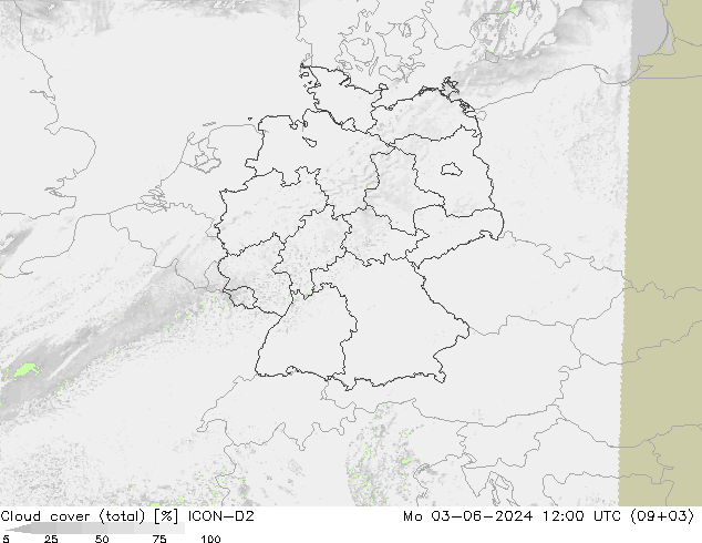 Nuages (total) ICON-D2 lun 03.06.2024 12 UTC