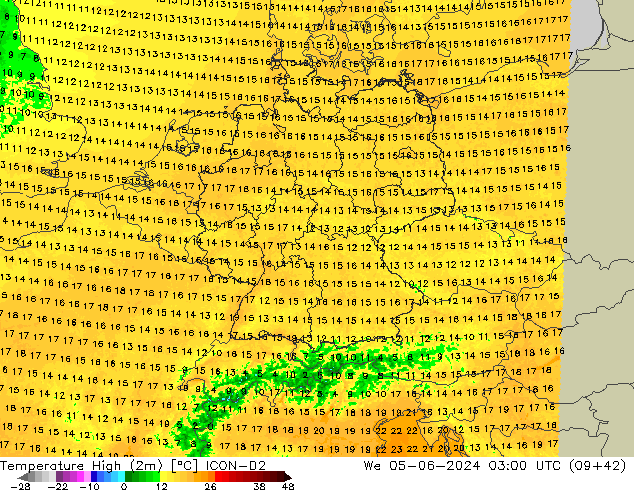 Max. Temperatura (2m) ICON-D2 śro. 05.06.2024 03 UTC
