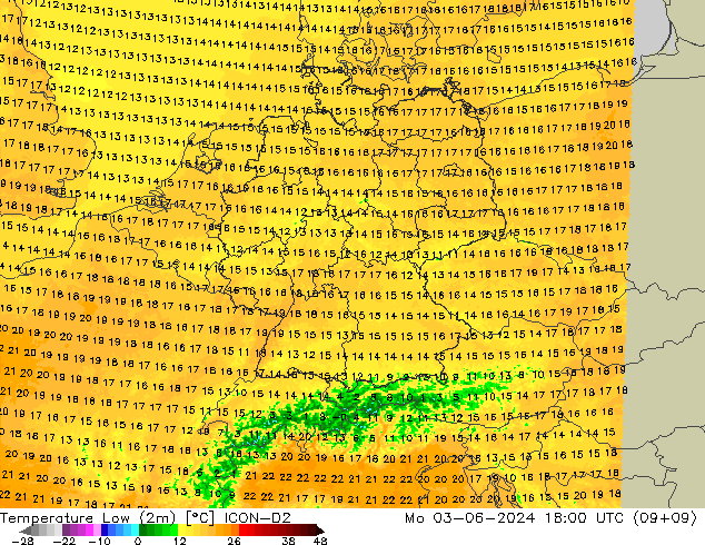 Tiefstwerte (2m) ICON-D2 Mo 03.06.2024 18 UTC