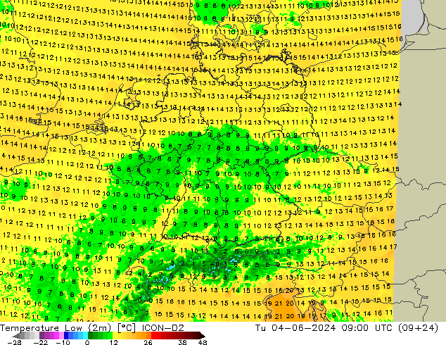 Temperature Low (2m) ICON-D2 Tu 04.06.2024 09 UTC