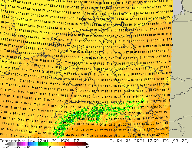 température 2m min ICON-D2 mar 04.06.2024 12 UTC