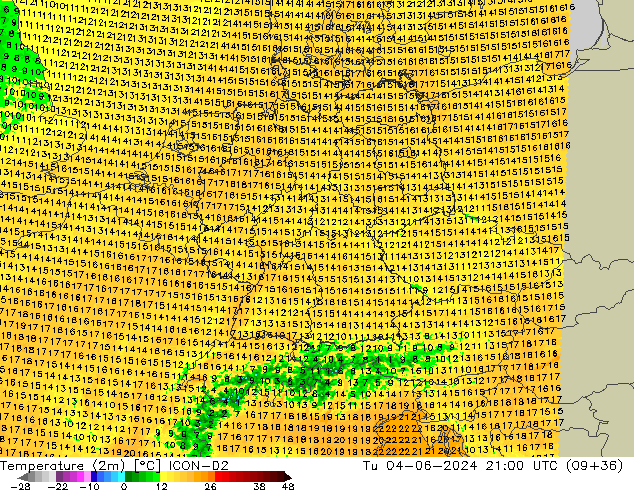 карта температуры ICON-D2 вт 04.06.2024 21 UTC
