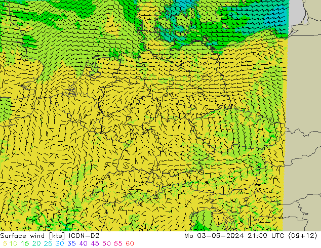 Vento 10 m ICON-D2 lun 03.06.2024 21 UTC