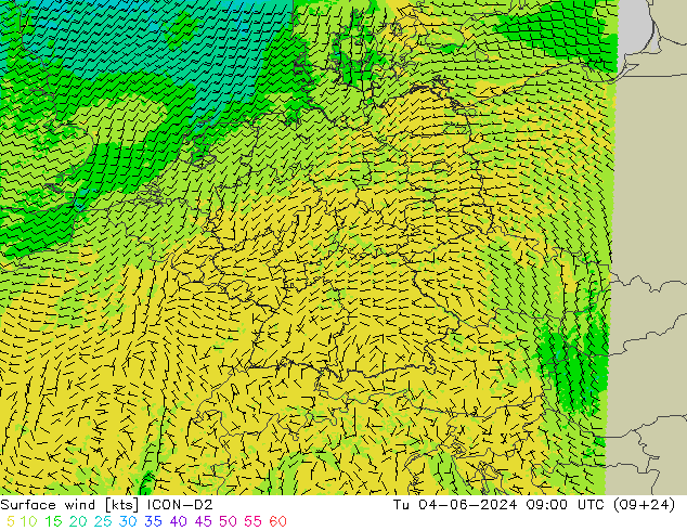 Vent 10 m ICON-D2 mar 04.06.2024 09 UTC