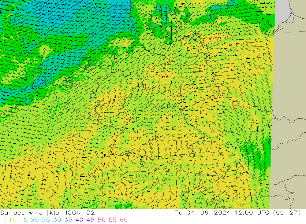 Surface wind ICON-D2 Út 04.06.2024 12 UTC