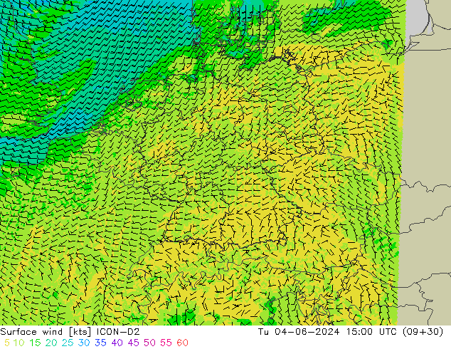 Rüzgar 10 m ICON-D2 Sa 04.06.2024 15 UTC