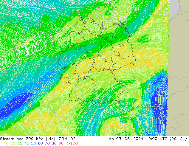 Streamlines 300 hPa ICON-D2 Po 03.06.2024 10 UTC