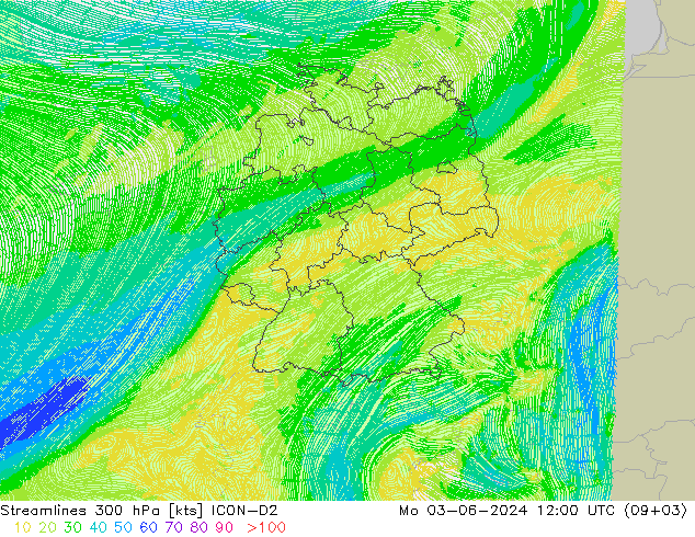 Streamlines 300 hPa ICON-D2 Mo 03.06.2024 12 UTC