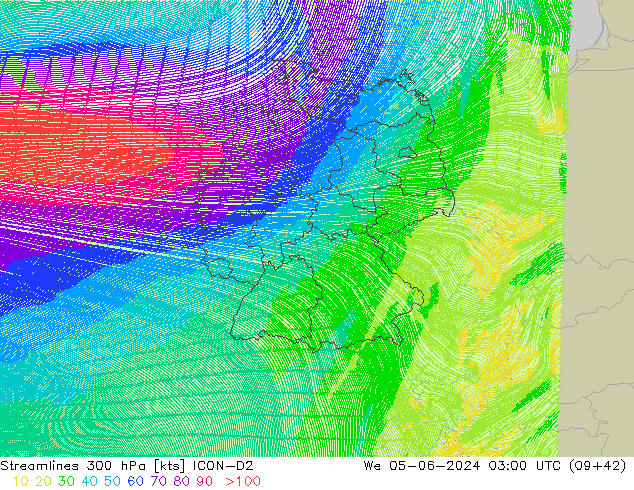 Ligne de courant 300 hPa ICON-D2 mer 05.06.2024 03 UTC
