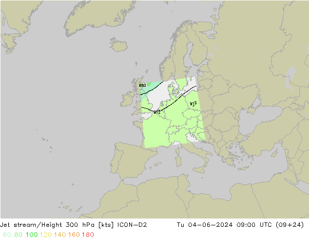 Jet stream/Height 300 hPa ICON-D2 Tu 04.06.2024 09 UTC