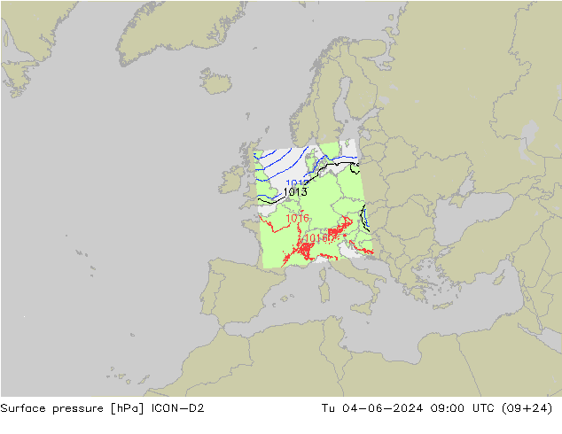 Presión superficial ICON-D2 mar 04.06.2024 09 UTC