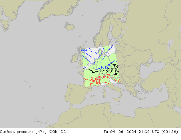 Presión superficial ICON-D2 mar 04.06.2024 21 UTC