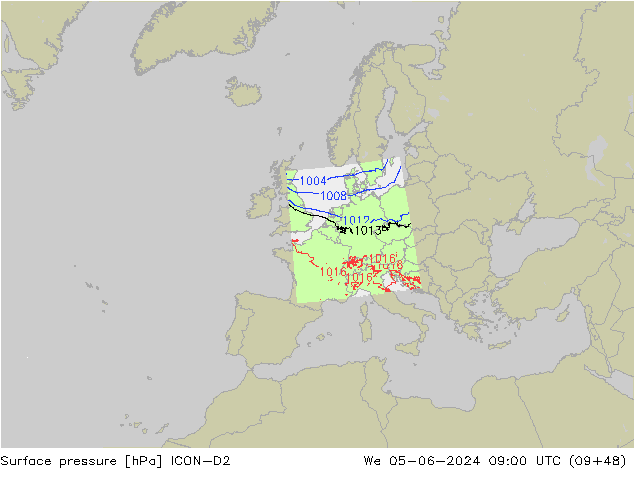 Surface pressure ICON-D2 We 05.06.2024 09 UTC