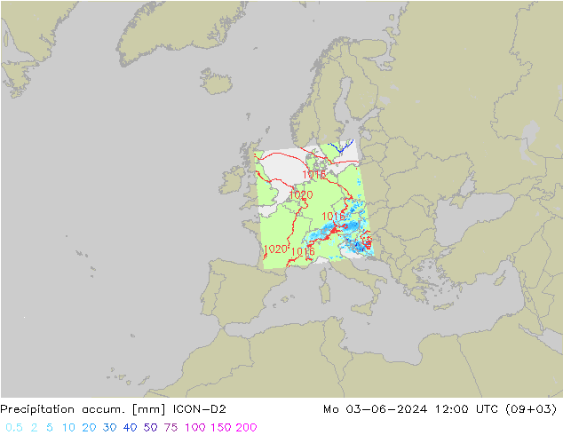 Totale neerslag ICON-D2 ma 03.06.2024 12 UTC