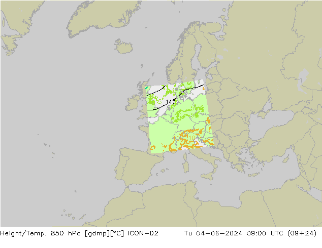 Yükseklik/Sıc. 850 hPa ICON-D2 Sa 04.06.2024 09 UTC