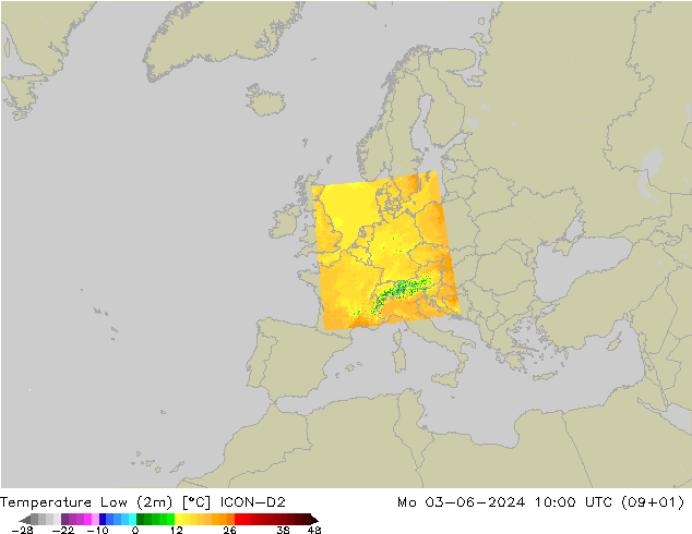 Nejnižší teplota (2m) ICON-D2 Po 03.06.2024 10 UTC