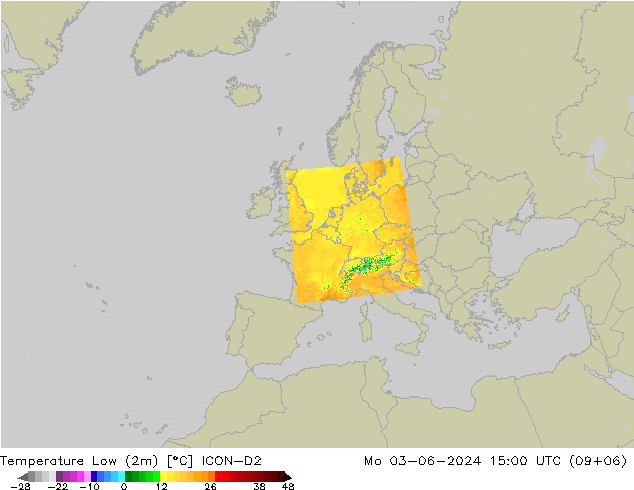 Tiefstwerte (2m) ICON-D2 Mo 03.06.2024 15 UTC