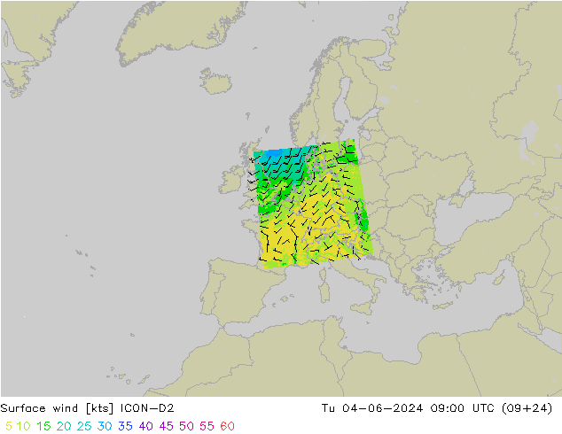 Surface wind ICON-D2 Út 04.06.2024 09 UTC
