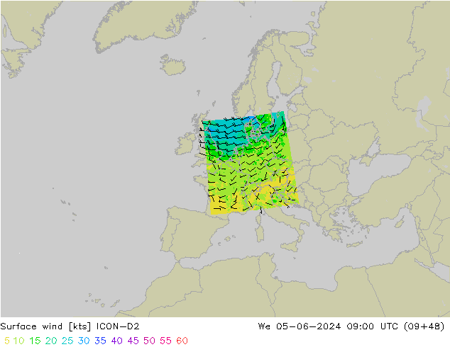 Vent 10 m ICON-D2 mer 05.06.2024 09 UTC