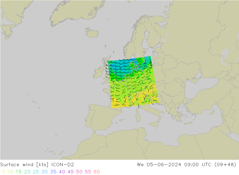 Surface wind ICON-D2 St 05.06.2024 09 UTC