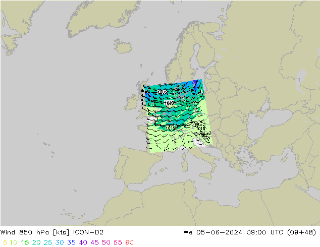 Rüzgar 850 hPa ICON-D2 Çar 05.06.2024 09 UTC