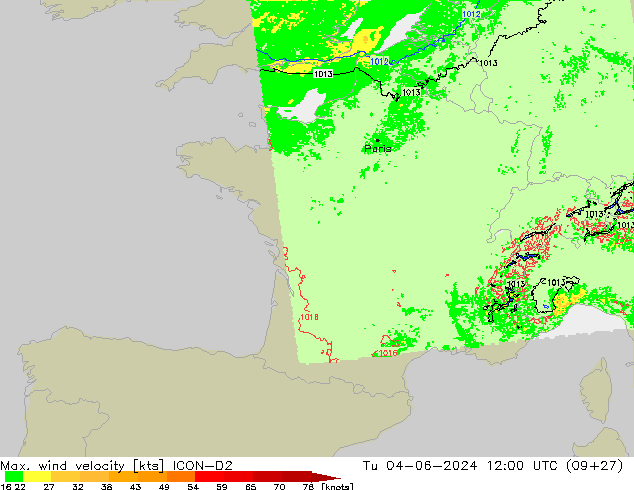 Max. wind velocity ICON-D2 mar 04.06.2024 12 UTC