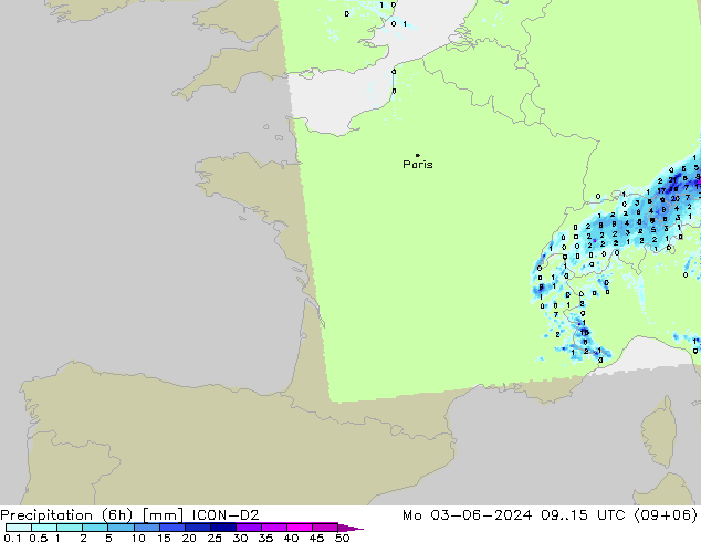 Totale neerslag (6h) ICON-D2 ma 03.06.2024 15 UTC