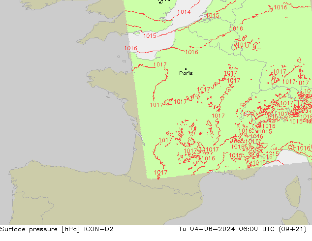 Yer basıncı ICON-D2 Sa 04.06.2024 06 UTC