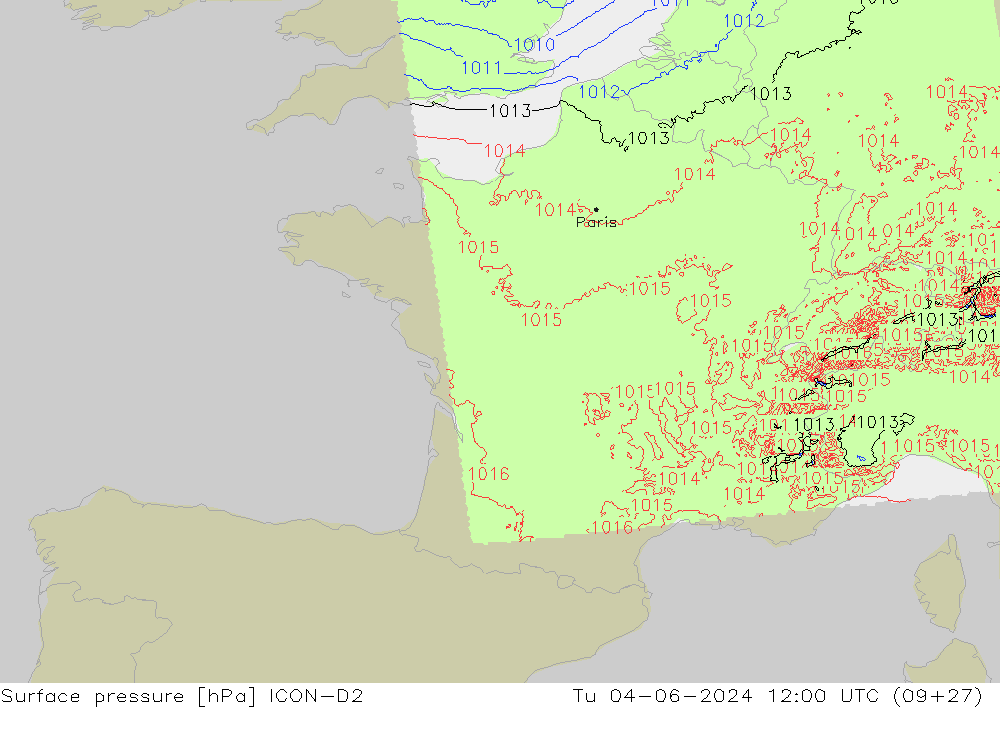 Pressione al suolo ICON-D2 mar 04.06.2024 12 UTC