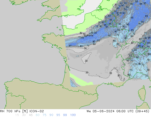 Humedad rel. 700hPa ICON-D2 mié 05.06.2024 06 UTC