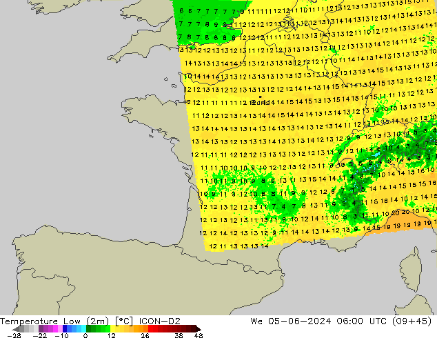 Min. Temperatura (2m) ICON-D2 śro. 05.06.2024 06 UTC