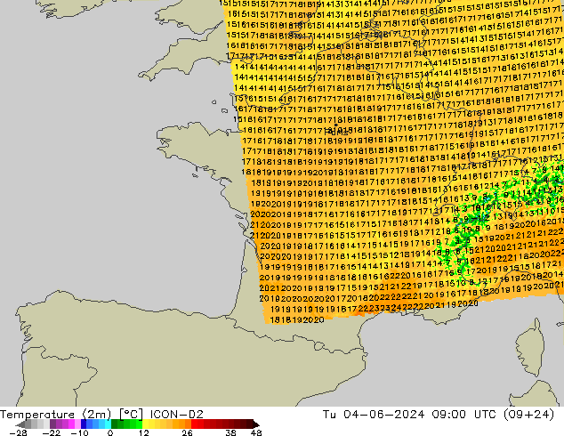 Temperature (2m) ICON-D2 Tu 04.06.2024 09 UTC