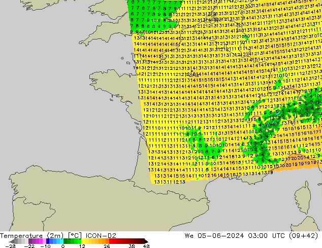 Temperatura (2m) ICON-D2 mié 05.06.2024 03 UTC