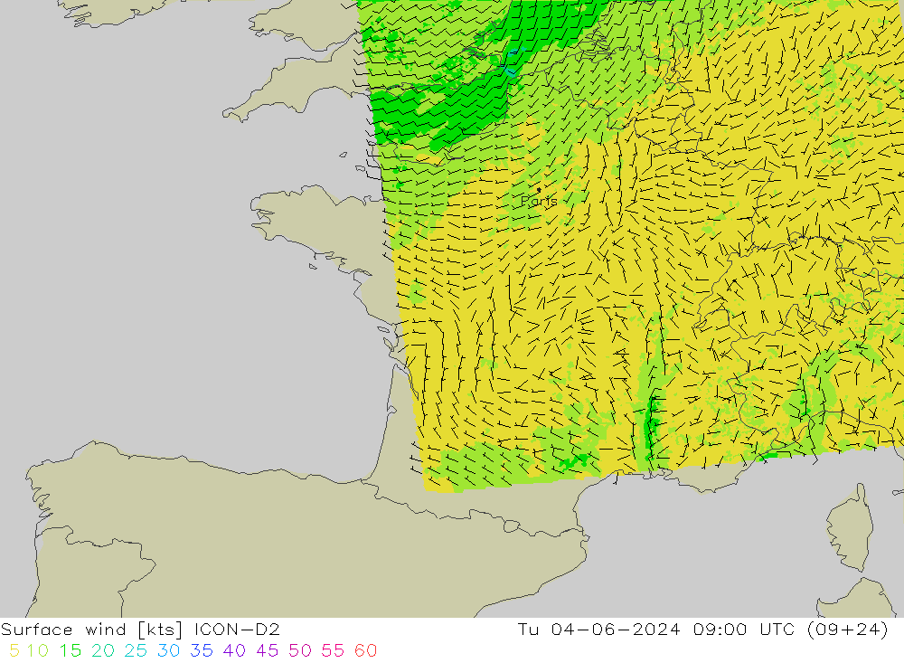 Surface wind ICON-D2 Tu 04.06.2024 09 UTC
