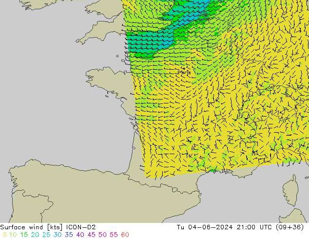 Wind 10 m ICON-D2 di 04.06.2024 21 UTC