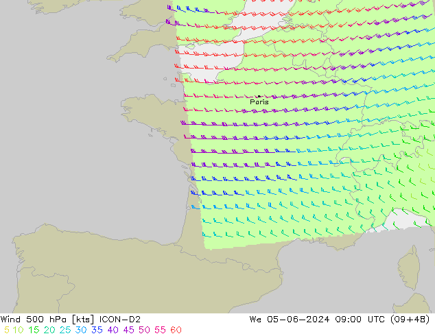 ветер 500 гПа ICON-D2 ср 05.06.2024 09 UTC